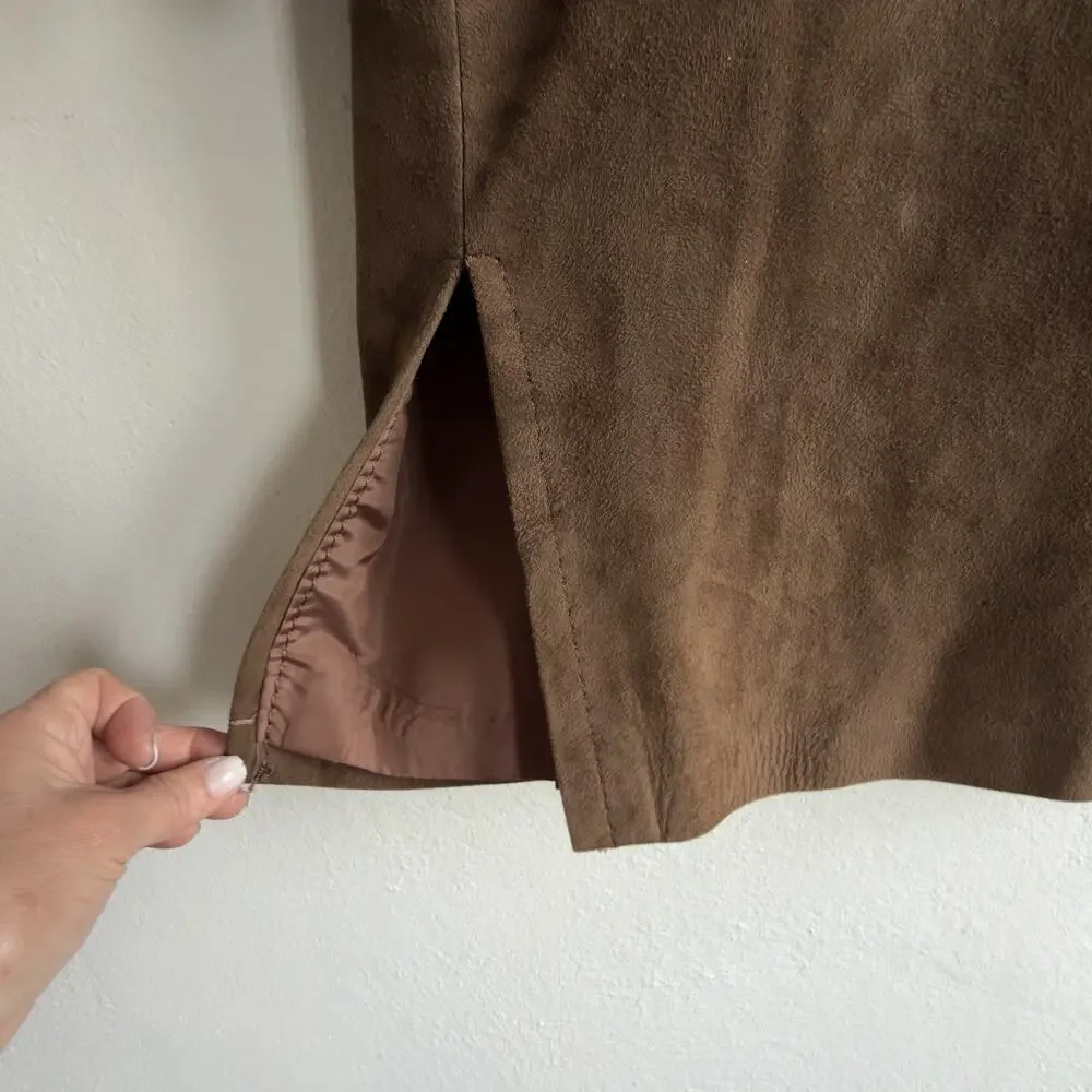 Vintage 1960s Camel Suede Collarless Swing Coat Covered Buttons Mid Century Sz 8 - Picture 8 of 12